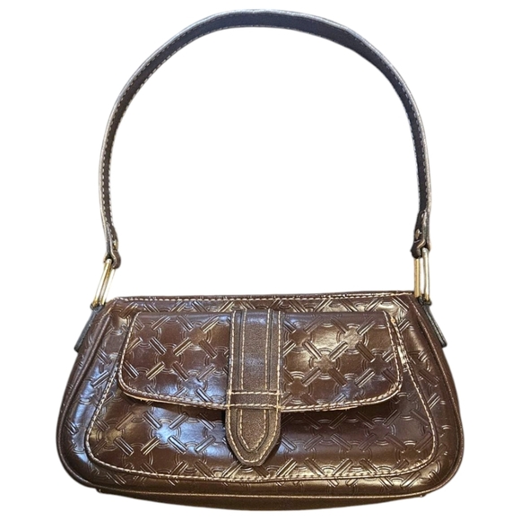 VTG Liz Claiborne Villager Purse Brown W/Tan Topstitching Baguette Top Handle - Picture 1 of 1